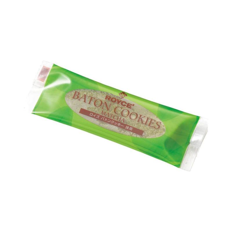 ROYCE' Chocolate - Baton Cookies Matcha (25 Pcs) - Image shows a cookie wrapped with plastic in the colors of green and brown. Text says ROYCE' Baton Cookies Matcha.