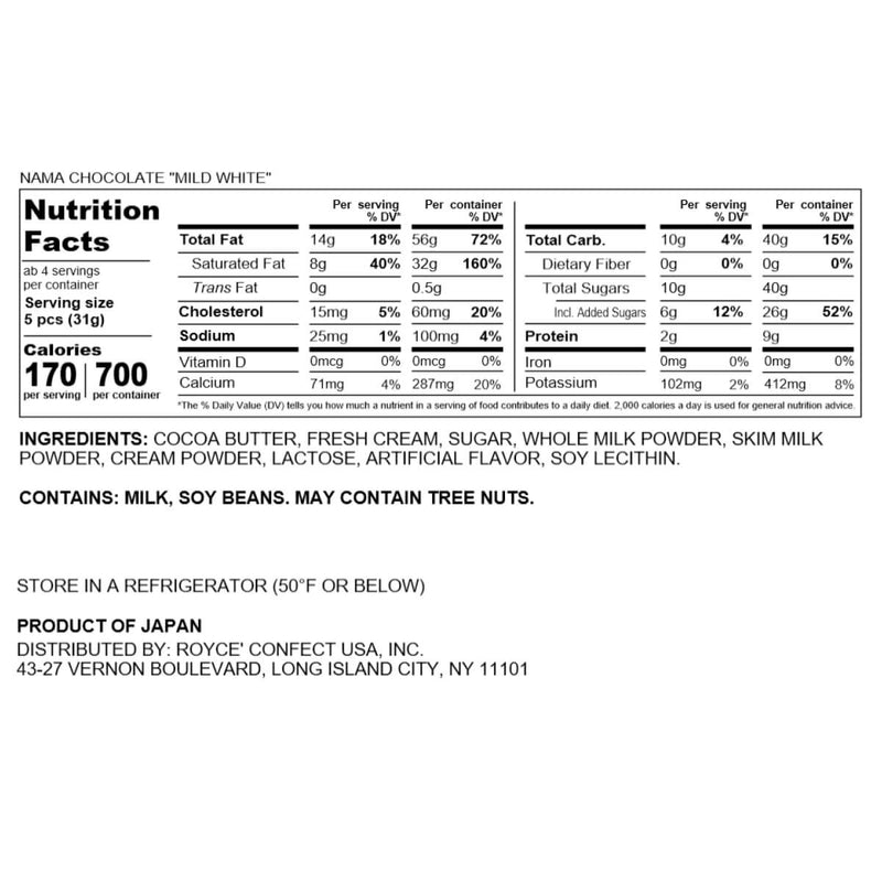 ROYCE' Chocolate - Nama Chocolate Mild White Nutrition Facts