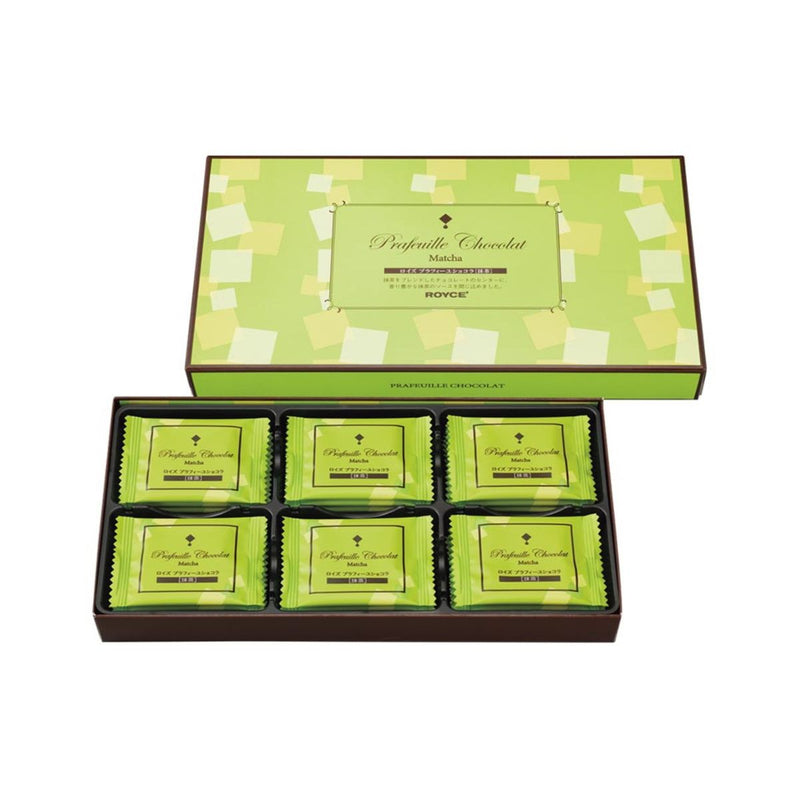 ROYCE' Chocolate - Prafeuille Chocolat Matcha - Image shows on top center right a green box with cube prints. Text says Prafeuille Chocolat Matcha ROYCE'. Below on center left is a box with individually-wrapped chocolates with green wrapper and cube prints. Text says Prafeuille Chocolat Matcha.