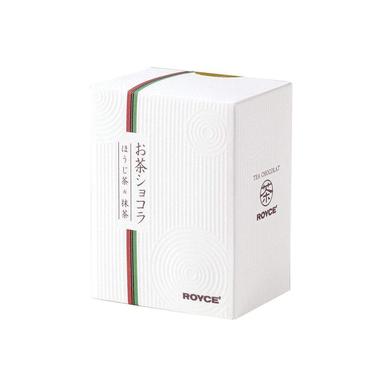 ROYCE' Chocolate - Tea Chocolat Hojicha & Matcha - Image shows a white box with accents of colors red and green. Visible words are Tea Chocolat and ROYCE'.