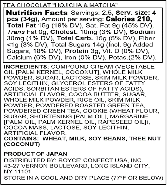 ROYCE' Chocolate - Tea Chocolat Hojicha & Matcha - Nutrition Facts