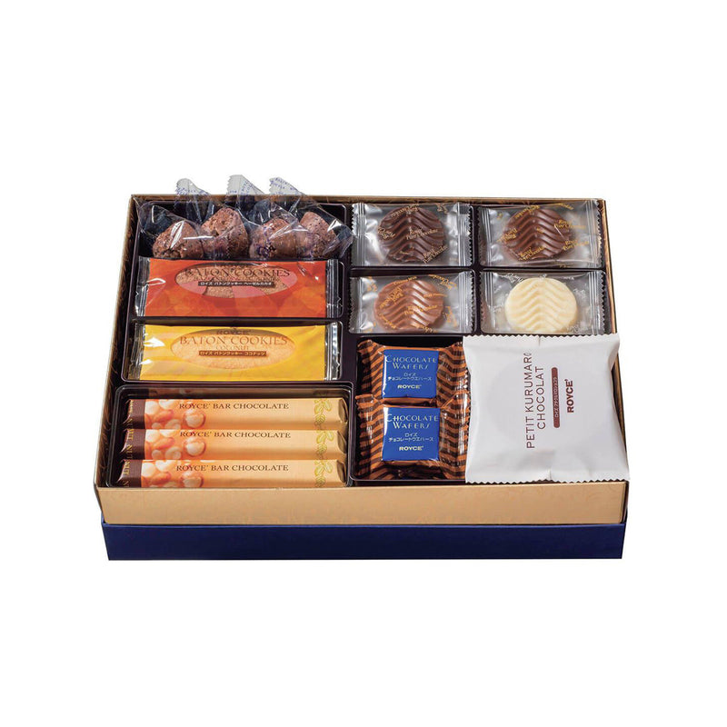 ROYCE' Chocolate - ROYCE' Collection Blue - Image shows an open box with different kinds of individually-wrapped confections in various shapes and colors.
