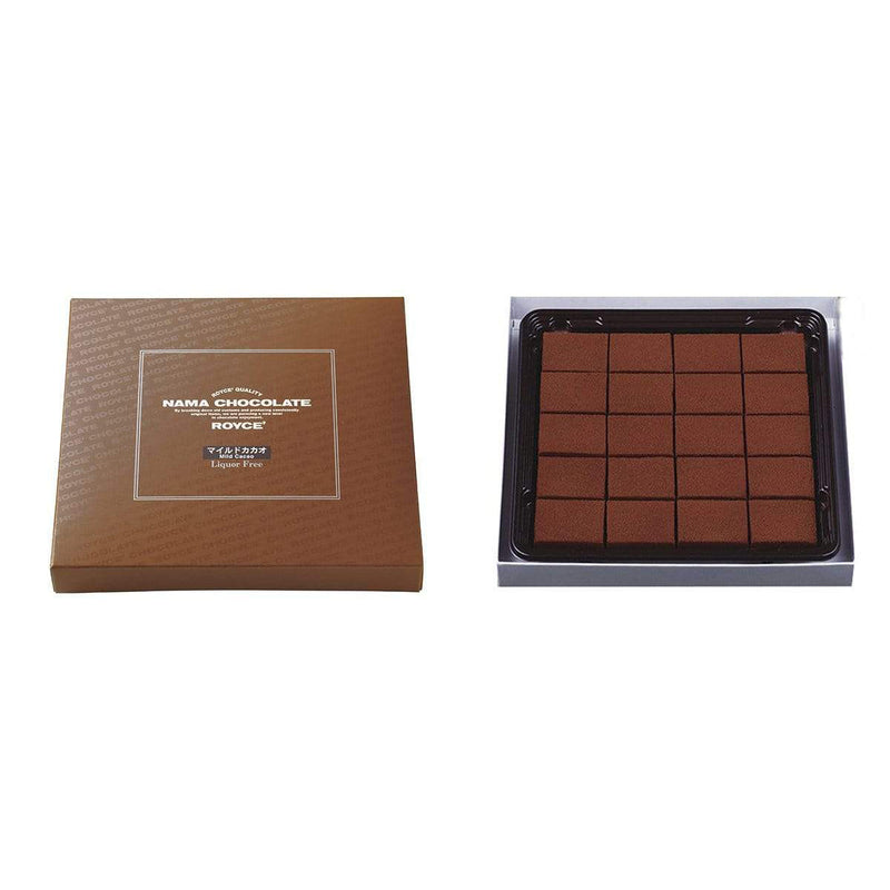 ROYCE' Chocolate - Nama Chocolate Mild Cacao - Image shows a brown box on left with white text inside white square saying ROYCE' Quality Nama Chocolate By breaking down old customs and producing consistently original items, we are pursuing a new level in chocolate enjoyment. ROYCE' Mild Cacao Liquor Free. Box on right shows brown blocks of chocolates.