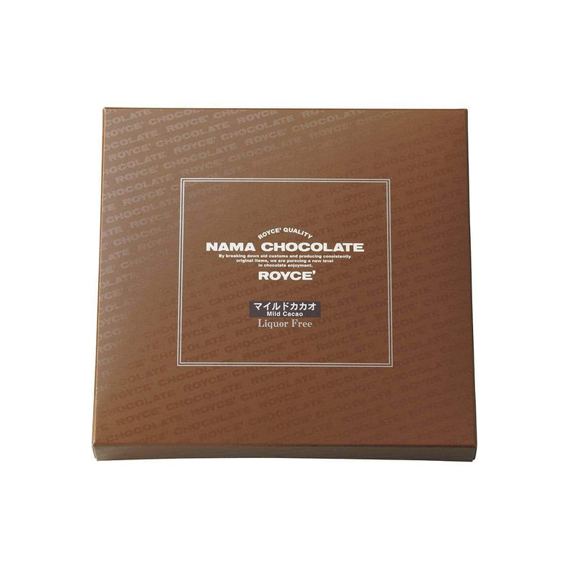 ROYCE' Chocolate - Nama Chocolate Mild Cacao - Image shows a brown box with white text inside white square saying ROYCE' Quality Nama Chocolate By breaking down old customs and producing consistently original items, we are pursuing a new level in chocolate enjoyment. ROYCE' Mild Cacao Liquor Free.