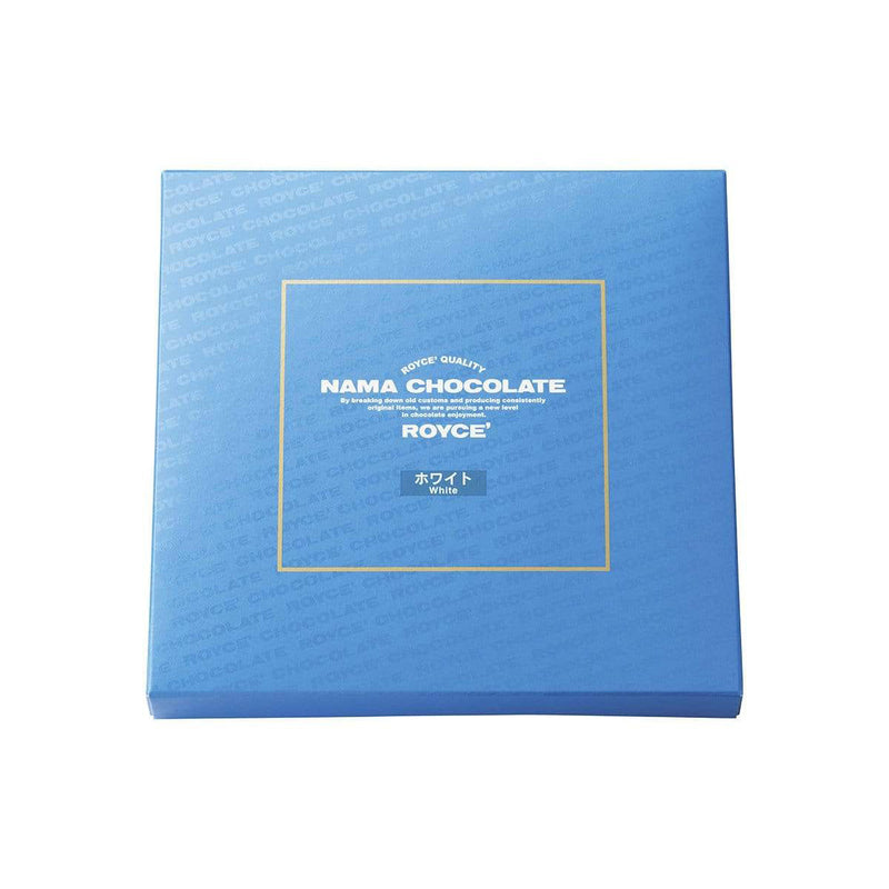 ROYCE' Chocolate - Nama Chocolate White - Image shows a blue box. White text inside golden square says ROYCE' Quality Nama Chocolate By breaking down old customs and producing consistently original items, we are pursuing a new level in chocolate enjoyment. ROYCE' White.