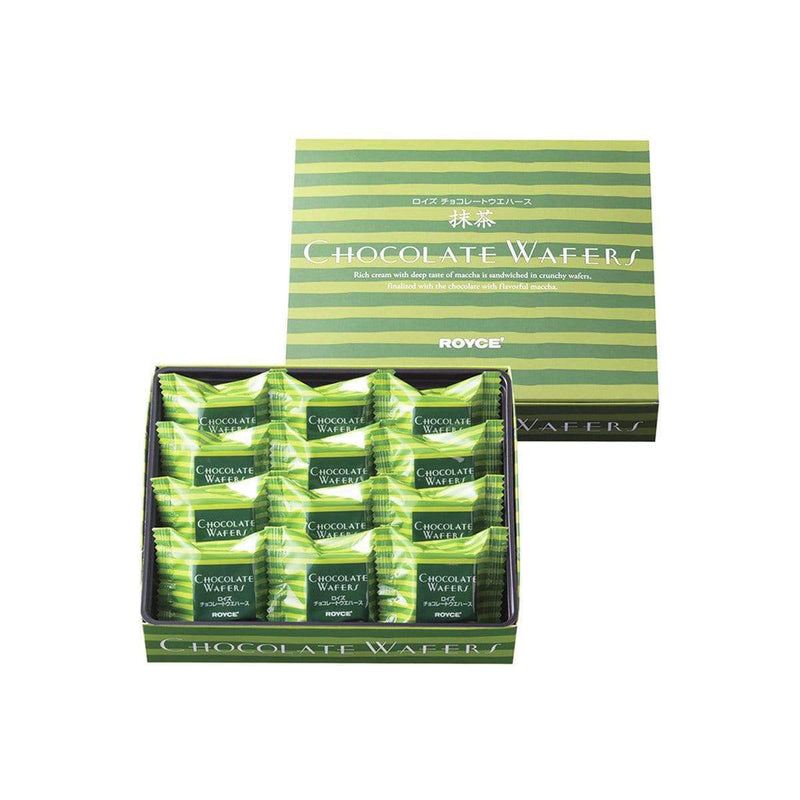 ROYCE' Chocolate - Chocolate Wafers Matcha - Image on top shows a green striped box. White text says Chocolate Wafers Rich cream with deep taste of matcha is sandwiched in crunchy wafers, finalized with the chocolate with flavorful matcha. ROYCE'. Text on the bottom part says Chocolate Wafers. Below is a green box filled with individually-wrapped wafers with green striped wrapper. White text on each says Chocolate Wafers ROYCE'. White text on the bottom part says Chocolate Wafers.