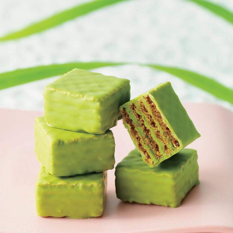 ROYCE' Chocolate - Chocolate Wafers Matcha - Image shows green chocolate wafers on a pink plate. Background is white with accents of green ribbons.