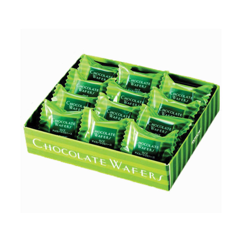 ROYCE' Chocolate - Chocolate Wafers Matcha - Image shows a green box filled with individually-wrapped wafers with green striped wrapper. White text on each says Chocolate Wafers ROYCE'. White text on the bottom part says Chocolate Wafers.