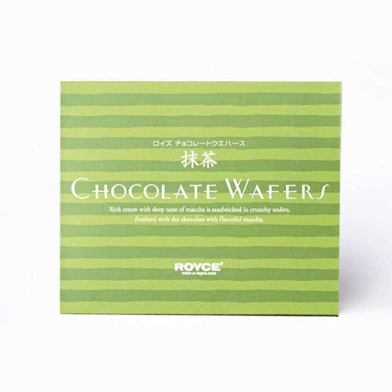 ROYCE' Chocolate - Chocolate Wafers Matcha - Image shows a green striped box. White text says Chocolate Wafers Rich cream with deep taste of matcha is sandwiched in crunchy wafers, finalized with the chocolate with flavorful matcha. ROYCE'.