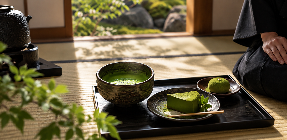 Two people bow over a bowl of matcha on a tatami mat