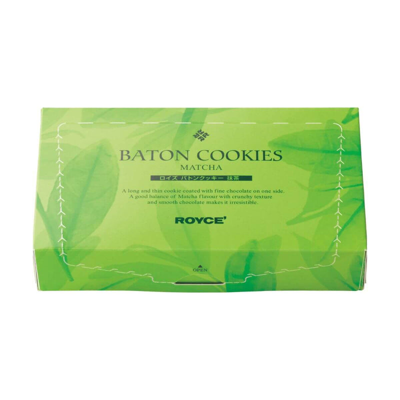 ROYCE' Chocolate - Baton Cookies Matcha (25 Pcs) - Image shows a green printed box. Text says Baton Cookies Matcha. A long and thin cookie coated with fine chocolate on one side. A good balance of Matcha flavor with crunchy texture and smooth chocolate makes it irresistible. ROYCE'.
