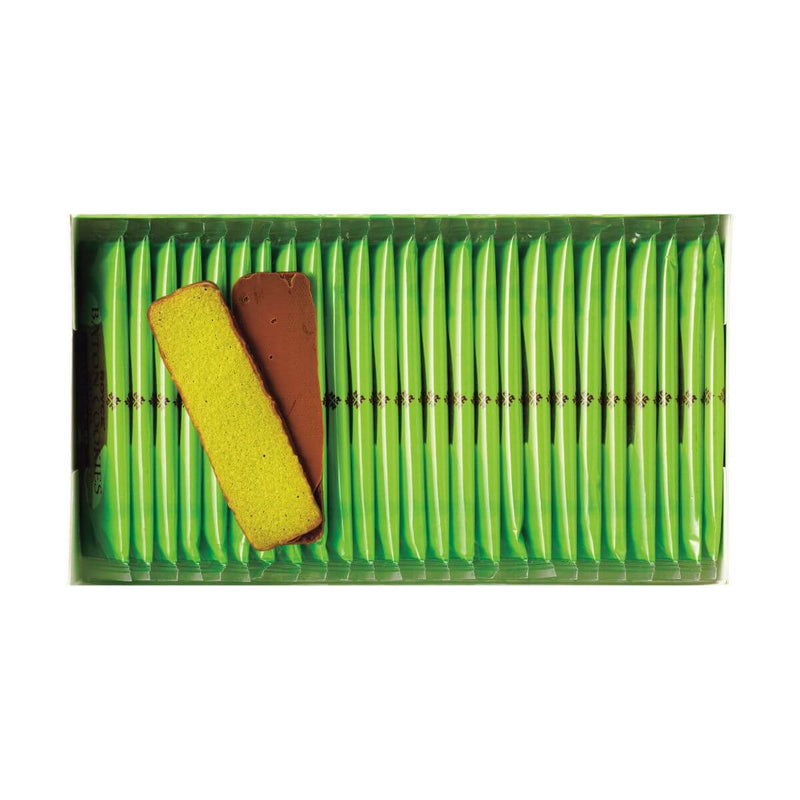 ROYCE' Chocolate - Baton Cookies Matcha (25 Pcs) - Image shows a green printed box with individually-wrapped cookies inside in green wrapper. Also in photo are green cookies coated with brown chocolate.