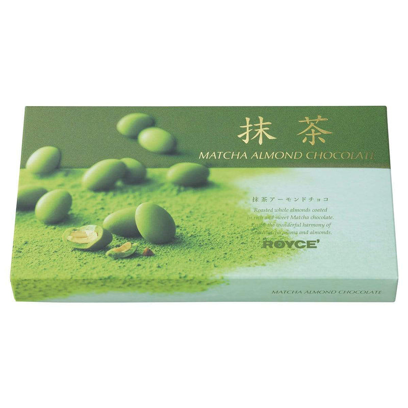 ROYCE' Chocolate - Matcha Almond Chocolate - Image shows a box in different green hues with pictures of green chocolate-covered almonds. Text in box says Matcha Almond Chocolate Roasted whole almonds coated in rich and sweet Matcha chocolate. Enjoy the wonderful harmony of Matcha aroma and almonds. ROYCE'. Text on bottom says Matcha Almond Chocolate.