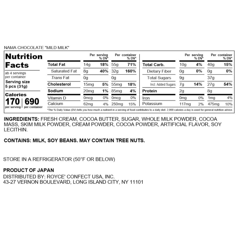 ROYCE' Chocolate - Nama Chocolate Mild Milk Nutrition Facts.