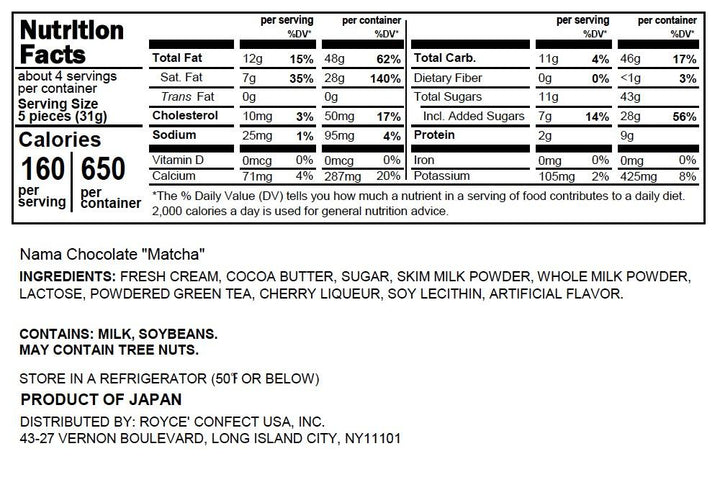 ROYCE' Chocolate - Nama Chocolate "Matcha" - Nutrition Facts