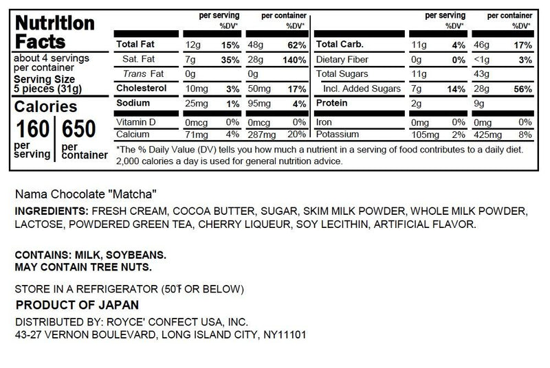 ROYCE' Chocolate - Nama Chocolate Matcha - Nutrition Facts