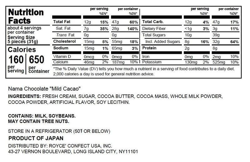 ROYCE' Chocolate - Nama Chocolate Mild Cacao - Nutrition Facts