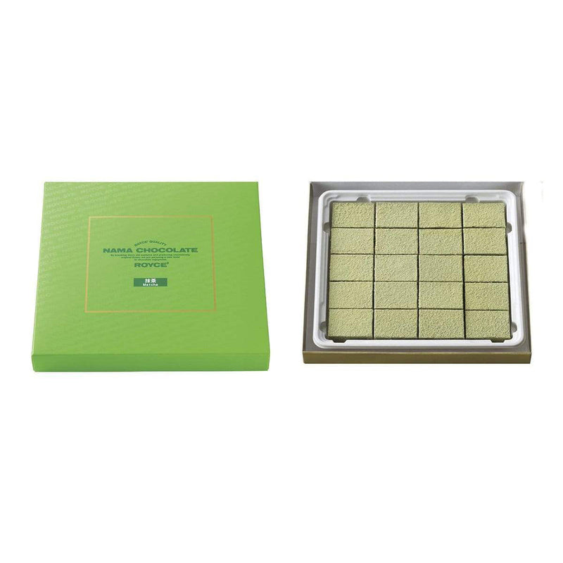 ROYCE' Chocolate - Nama Chocolate Matcha - Image shows a green box on left with green text inside golden square saying ROYCE' Quality Nama Chocolate By breaking down old customs and producing consistently original items, we are pursuing a new level in chocolate enjoyment. ROYCE' Matcha. Box on right shows green blocks of chocolates.