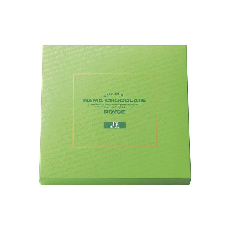 ROYCE' Chocolate - Nama Chocolate Matcha - Image shows a green box with green text inside golden square saying ROYCE' Quality Nama Chocolate By breaking down old customs and producing consistently original items, we are pursuing a new level in chocolate enjoyment. ROYCE' Matcha.