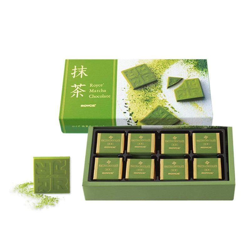 ROYCE' Chocolate - Matcha Chocolate - Image on top center shows a box with a green block with golden text that says ROYCE' Matcha Chocolate ROYCE' with a picture of green chocolates engraved with the letter R and the word ROYCE. Green box below has individually-wrapped chocolates with gold and green colors with text saying Matcha Chocolate ROYCE'. On the left is a green chocolate square engraved with R letters and the word ROYCE with green powder. 