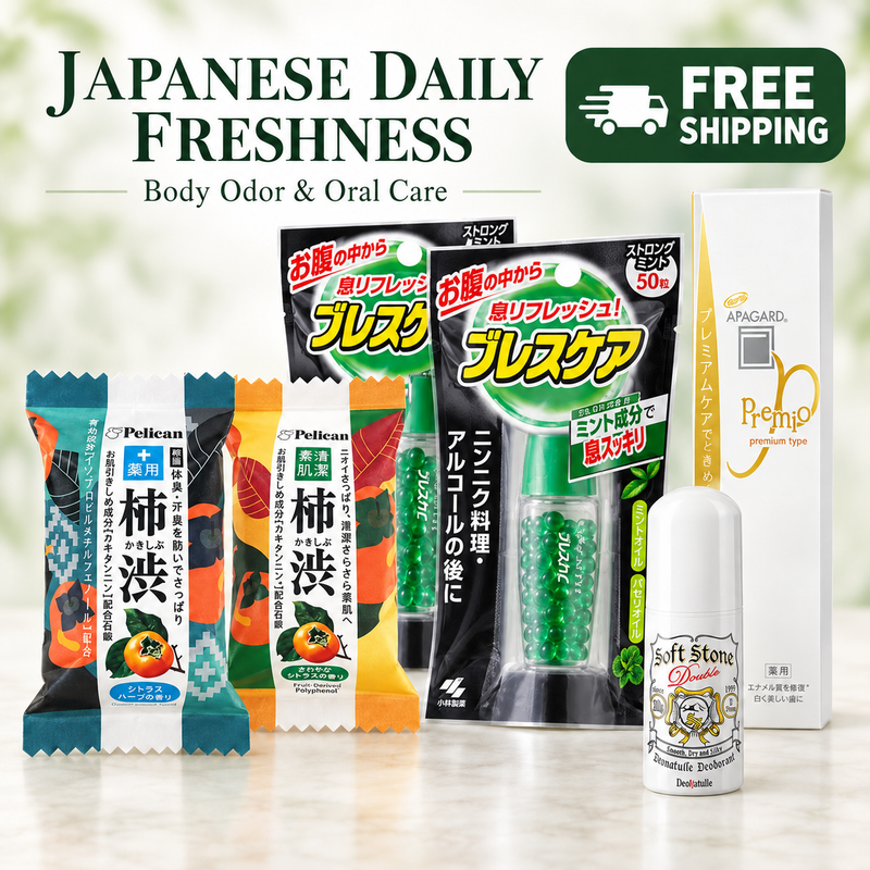 Japanese Daily Freshness Set with Strong Mint BreathCare, two persimmon soaps, deodorant, toothpaste and FREE SHIPPING badge